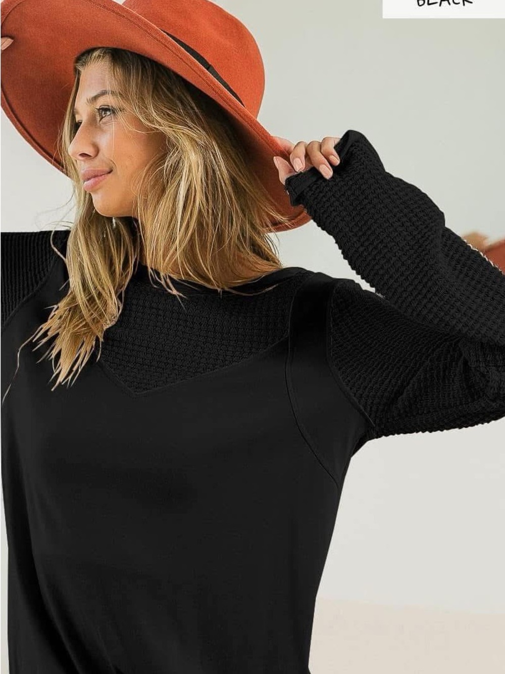 BiBi Black Waffle-Sleeve Pullover Sweatshirt
